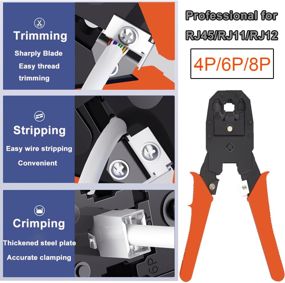 LEATBUY RJ45 Crimping Tool Kit for RJ11/RJ12/CAT5/CAT6/Cat5e, Professional Computer Maintenacnce Lan Cable Tester Network Repair Tool Set, Wire Crimper Wire Connector Stripper Cutter (YELLOW) image 2