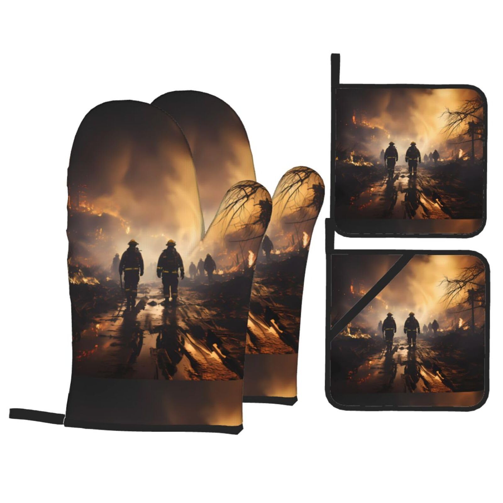 Kitchen Baking Four-piece Set WHJSSF Firefighters Fighting Fires Pattern Heat-Insulating and scalding-Proof for Kitchen Baking and Outdoor Barbecue