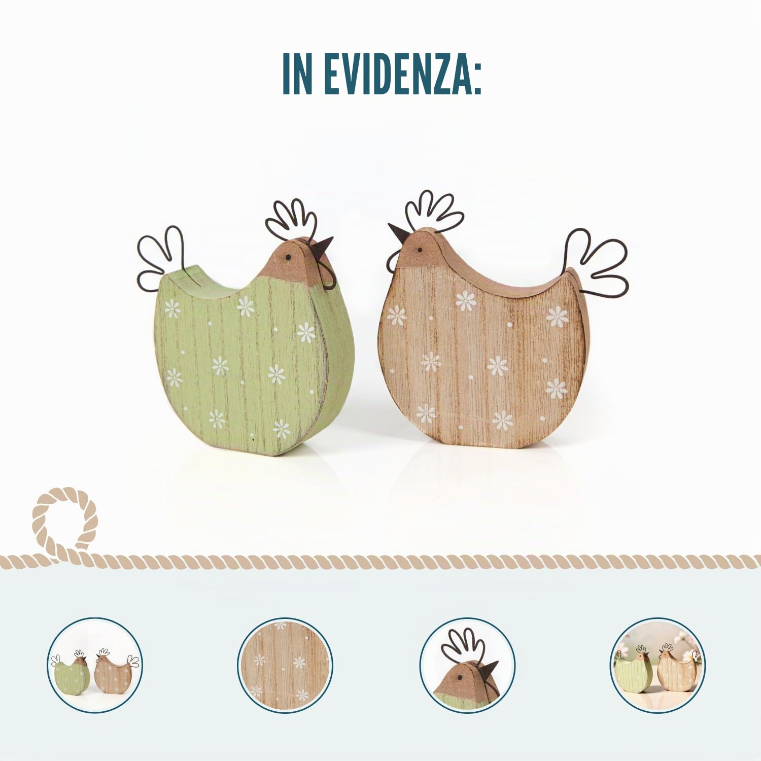 Coppia galline decorative da appoggiare, 2 pezzi: gallina pasquale in legno, decorazione Pasqua rustica, decorazioni primavera naturali, addobbi per la casa, soprammobili verdi, tavola Pasqua, 12,5 cm