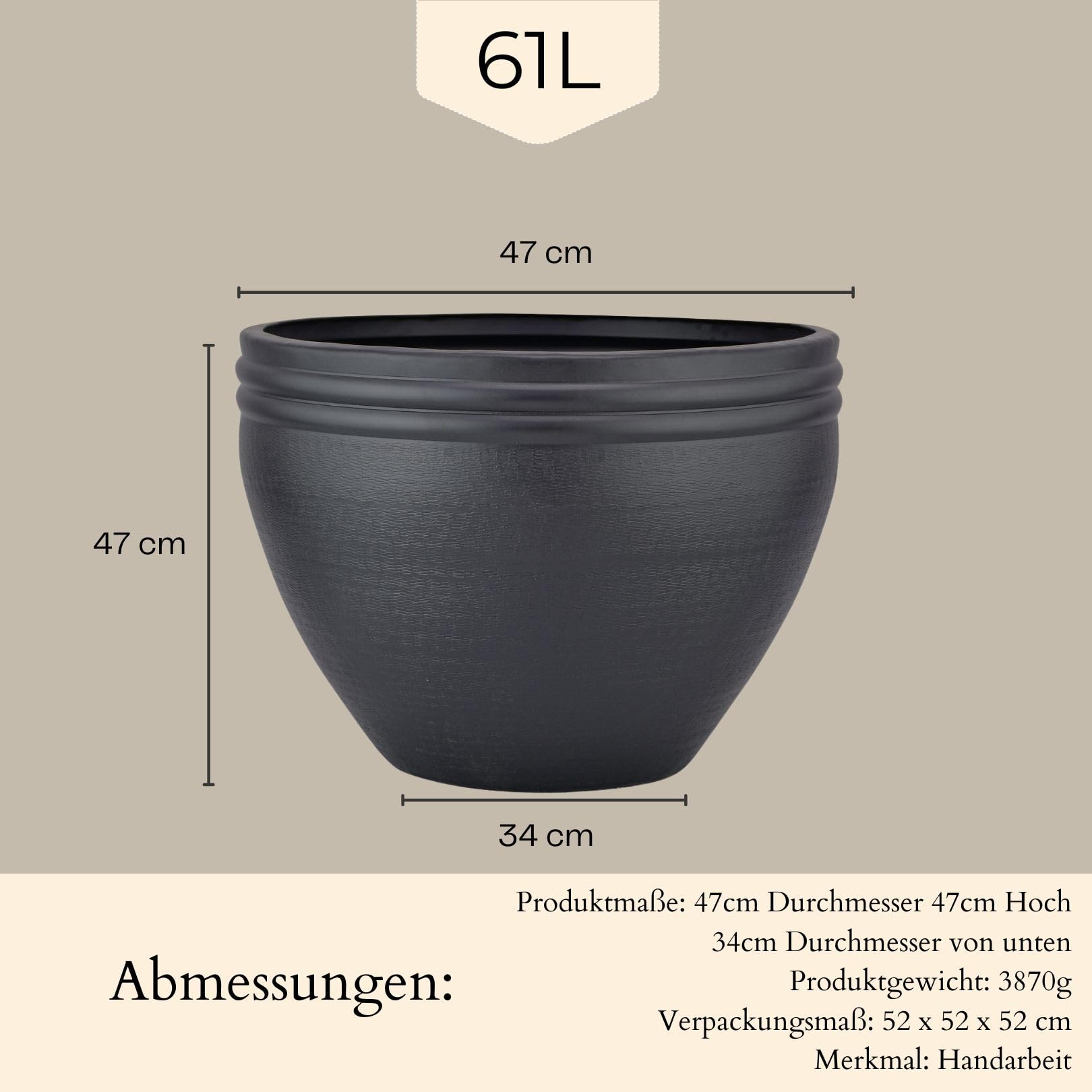 Marrakesch XXL Aluminiowa donica na kwiaty, Ø 47 cm, czarna matowa, 61 l, duża, okrągła, do użytku na zewnątrz, do użytku wewnątrz i na zewnątrz, do ogrodu, na balkon i do salonu
