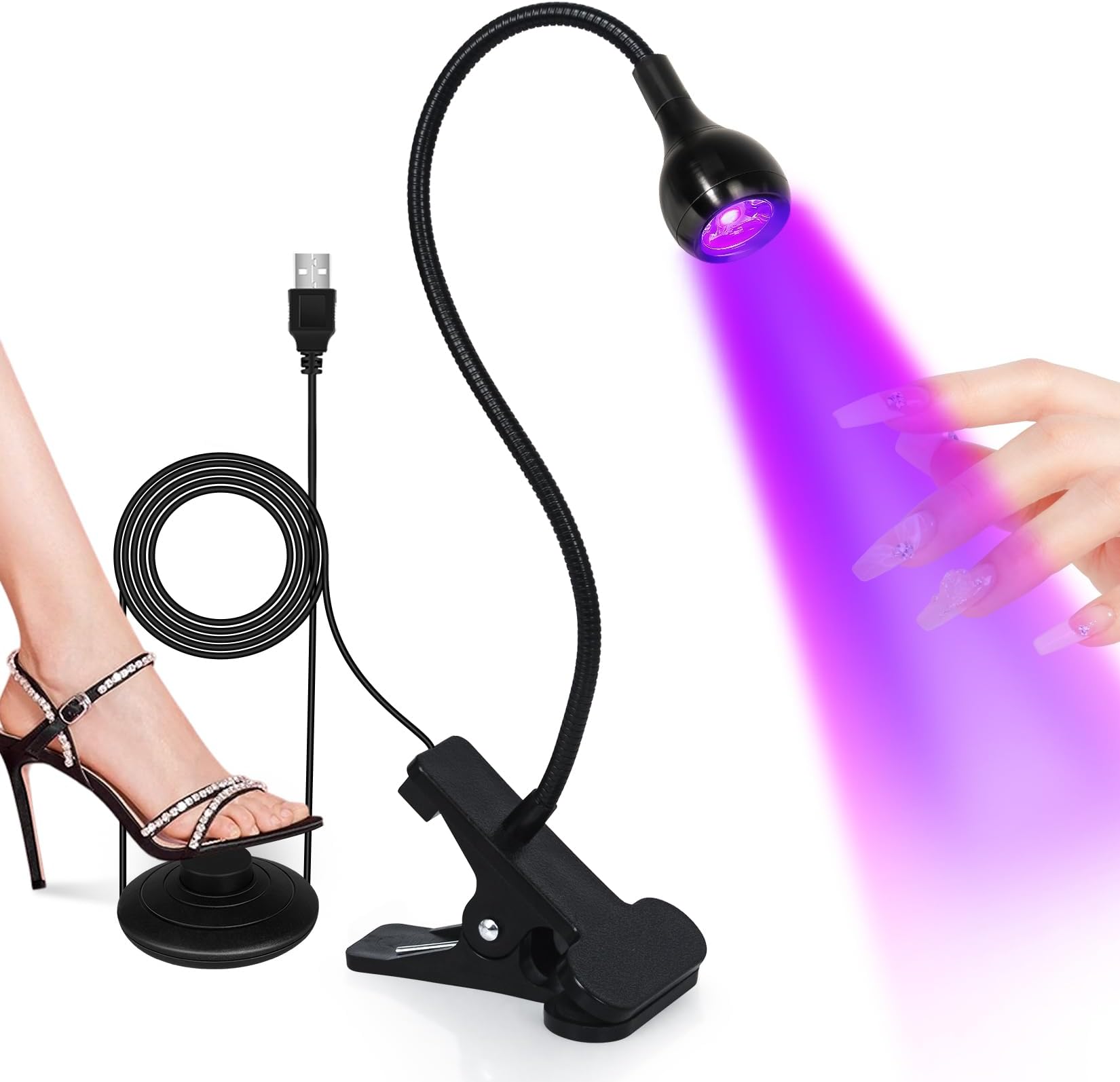 AORAEM UV LED Nail Lamp, Quick Drying UV Light for Gel Nails Foot Control LED Nail Cure Lamp, Flash Cure Light with Black Gooseneck and Clamp for Gel Nails