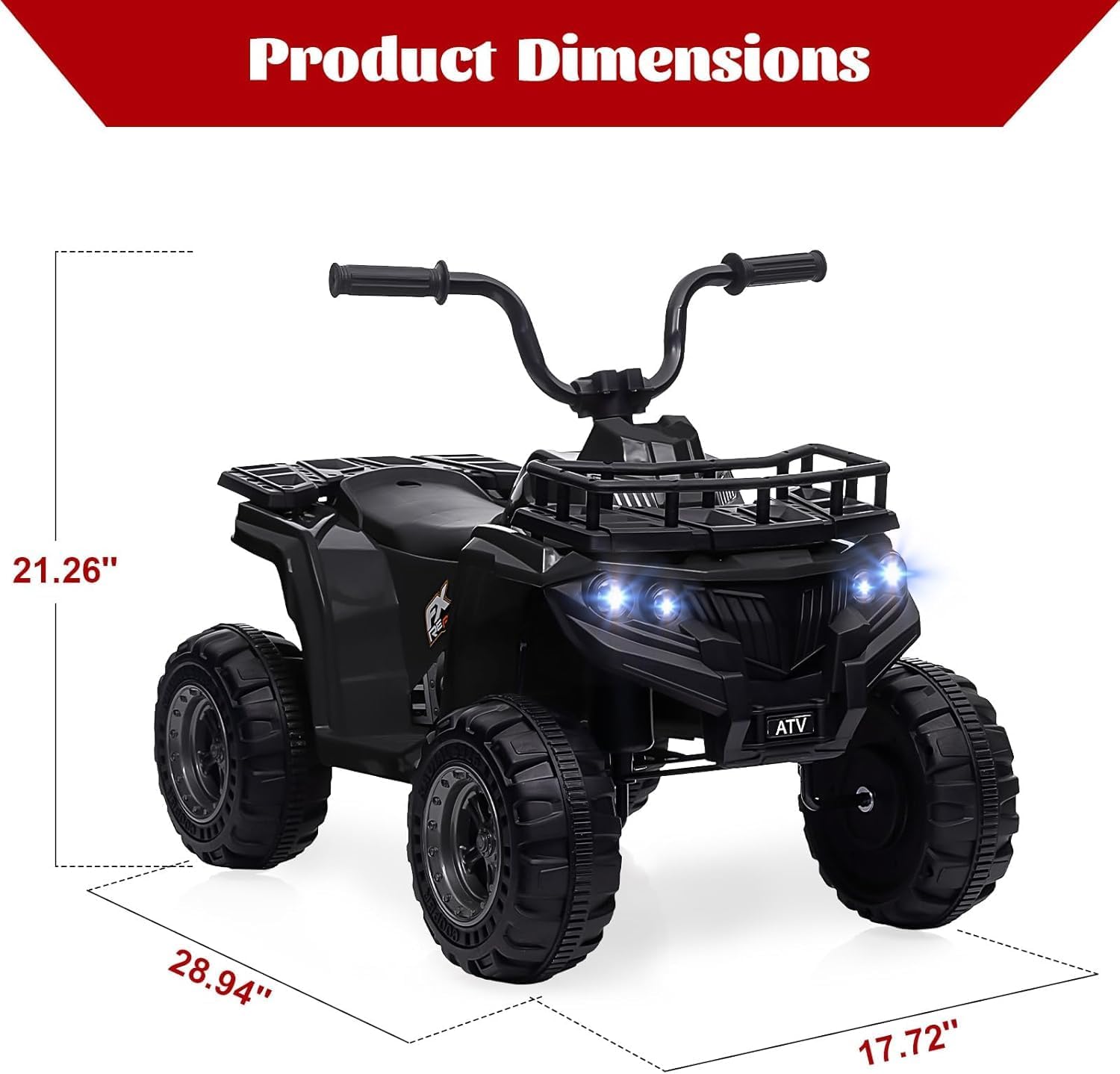 Elektryczny samochód dla dzieci Quad 12 V, elektryczny samochód dla dzieci, 2 prędkości, 4 koła, LED, muzyka, 2-5 lat, czarny