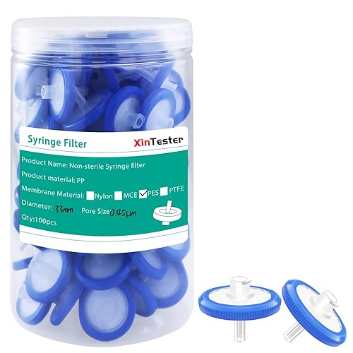 100 filtros de jeringa estéril PES Membrana de 1.299 in de diámetro 0.45 um Tamaño de poro Jeringa Hidrófila Filtros de laboratorio, Azul