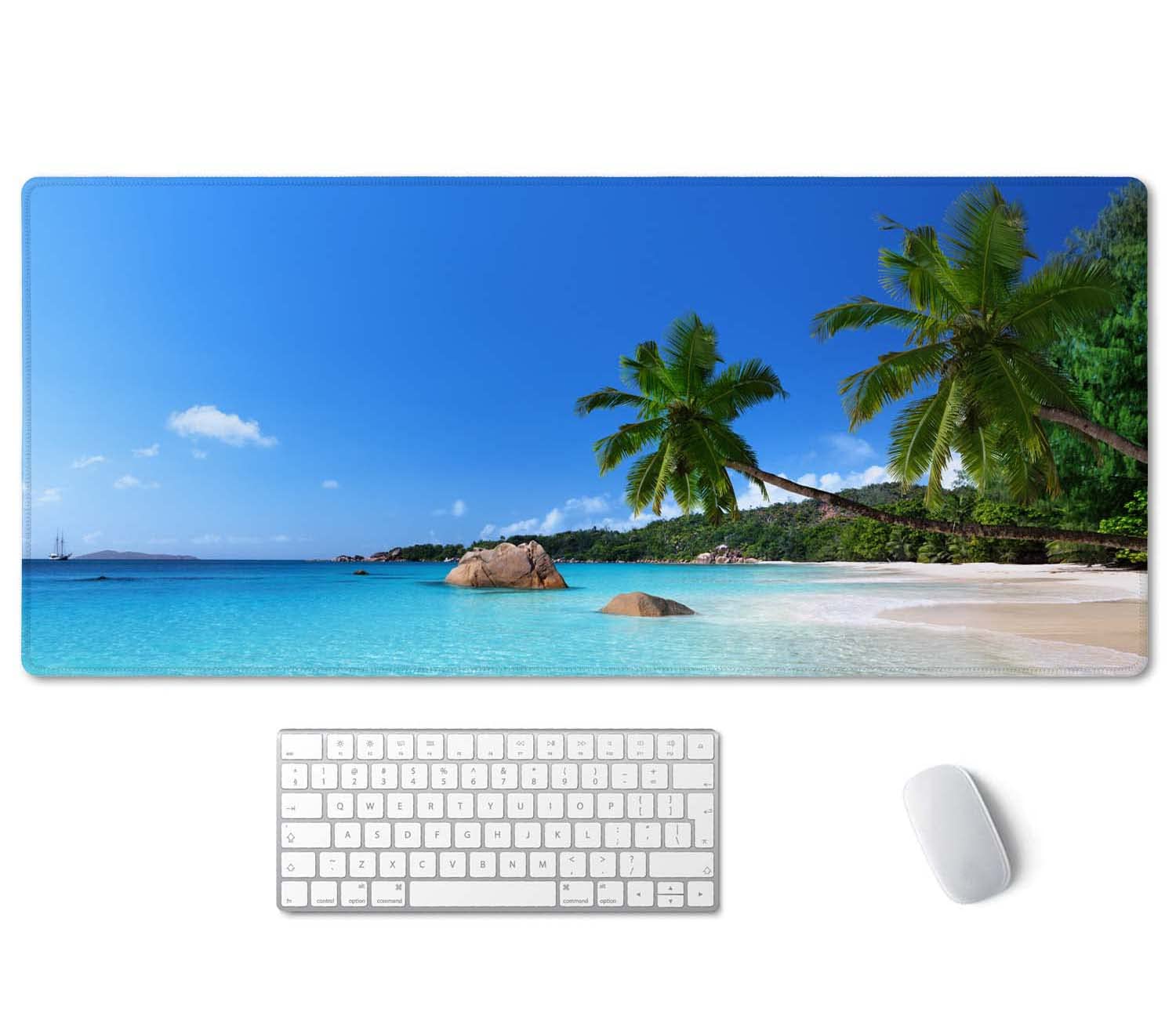 SSOIU Tropical Paradise Sunshine Beach Coast Sea Palm Trees Mouse Pad 35.5 X 15.7 Inch XXL Full Desk Mousepad Extended Large Non-Slip Rubber Base Waterproof Big Keyboard Mat with Stitched Edges