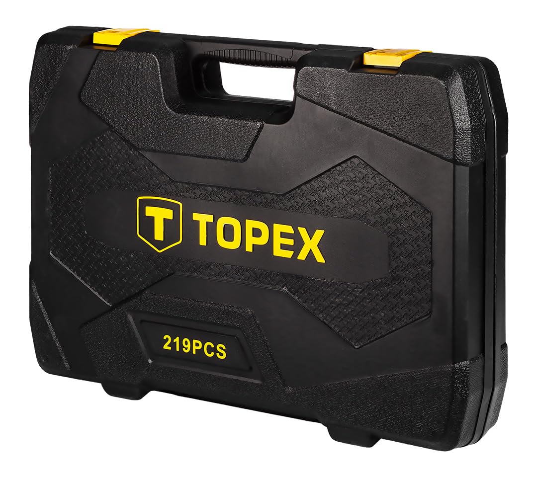 TOPEX Coffret Clés à Douilles 219 Pièces Jeu Complet 1/2 3/8 1/4 Acier CrV Cliquets Douilles Embouts E TORX Rallonges Adaptateurs Clés Mixtes avec Mallette 38D853