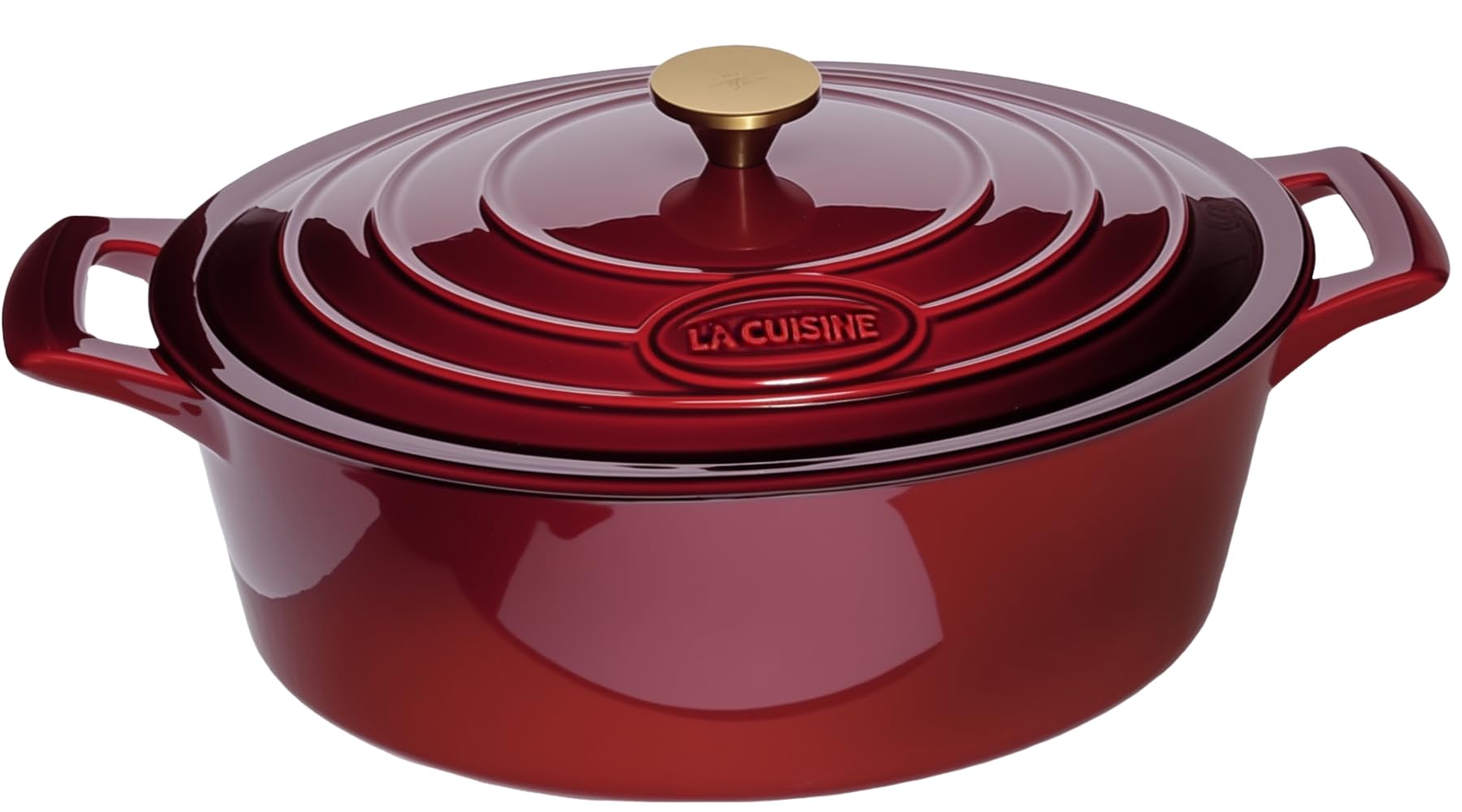 La Cuisine 6210GK ホーロー 鋳鉄 オーバル ダッチオーブン キャセロール ディッシュポット 蓋付き 6.75クォート 13x9.8x6.3インチ マットブラックエナメルコーティング 内側 クランベリー磁器エナメル仕上げ 外側 金メッキステンレススチール蓋ハンドル オーブン対応