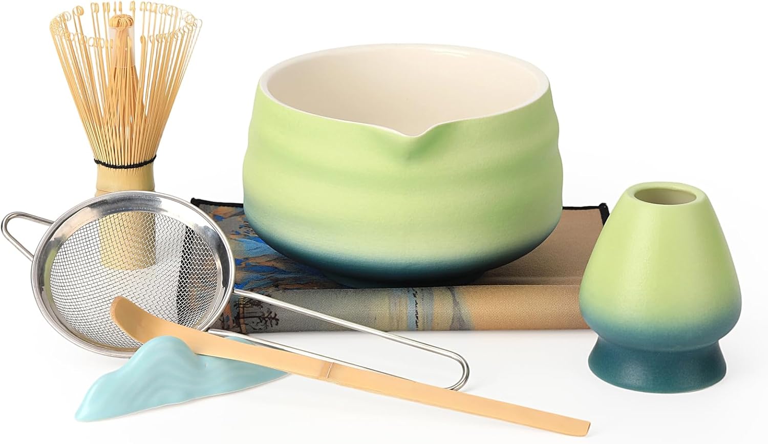 Matcha Bowl and Whisk Set - 7-Piece Kit Bamboo Matcha Whisk (Chasen), Ceramic Chawan, Sifter & Holder - All-in-One Matcha Making Kit Blue Green