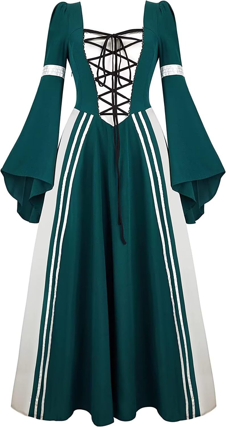 Medieval Costume Women Renaissance Dress Long Sleeve Trumpet Gown Deluxe Victorian Vintage Party Halloween