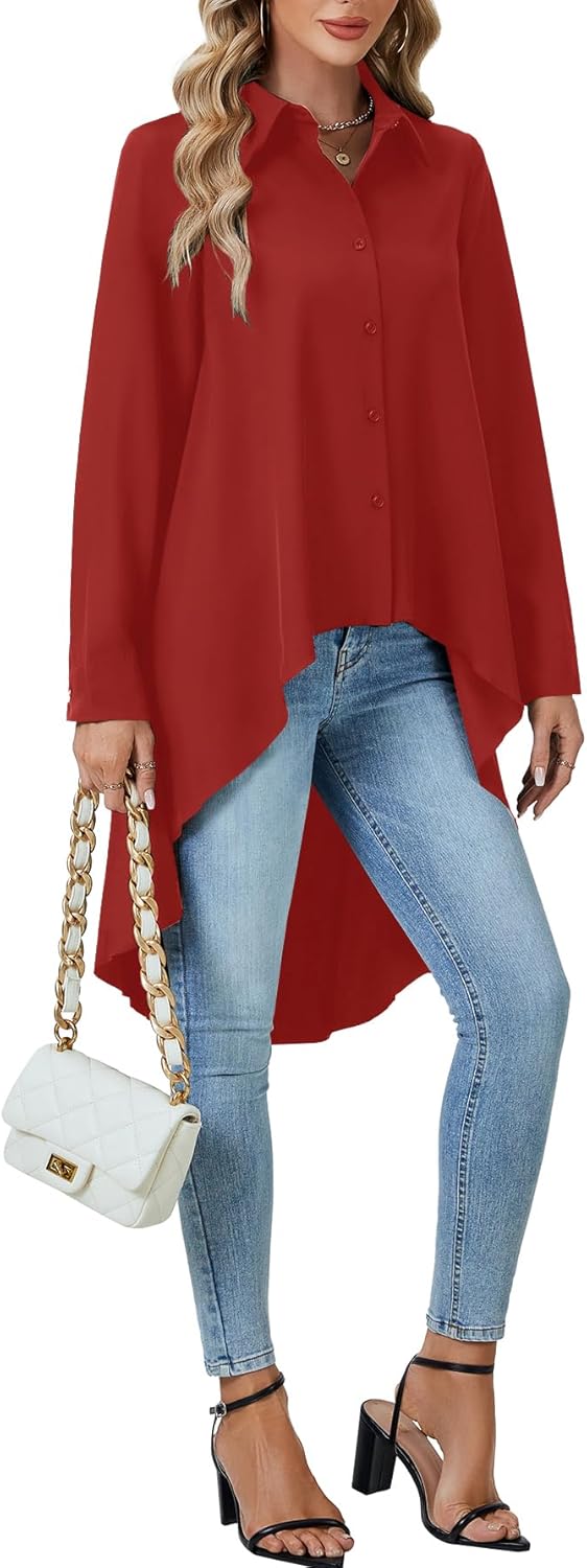 OPOIPIN Women's Button Down Asymmetrical Hem Collar V Neck Long Sleeve Blouse Top - Image 6