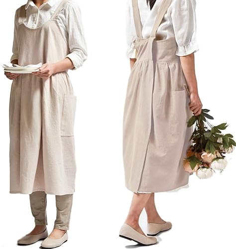NEWGEM Delantal de lino y algodón con espalda cruzada para mujer, con bolsillos para cocinar, pintura, color beige, sin lazos en la cintura