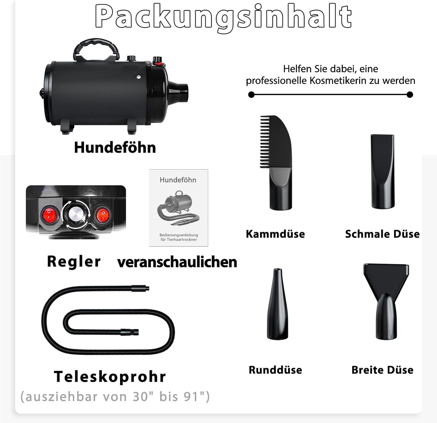 Dog Hair Dryer Blaster 3000W, Pet Hair Dryer, Low Noise Temperature Heater with 4 Different Nozzles, Deep Black 7