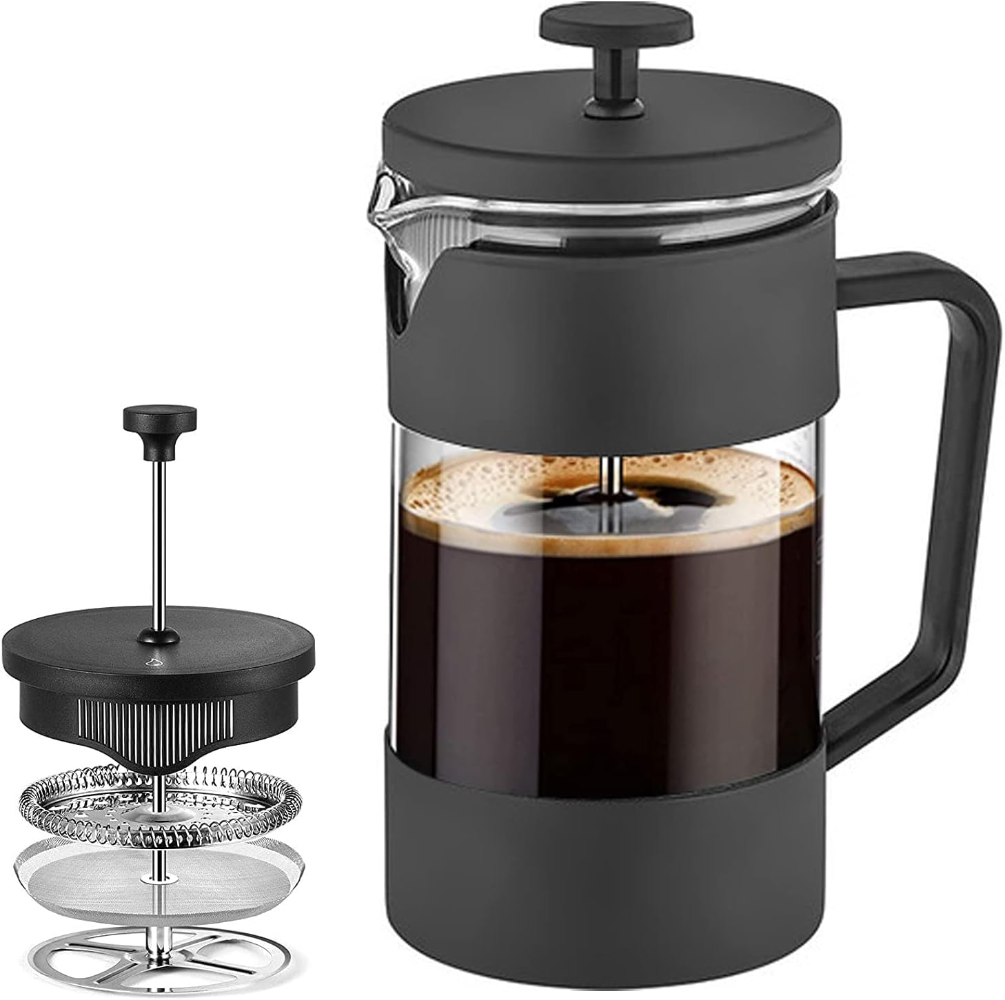 French Press Coffee & Tea Maker 600ml, Thickened Borosilicate Glass Coffee Press with Filter Screens, Rust-Free and Dishwasher Safe, 100% BPA Free，black