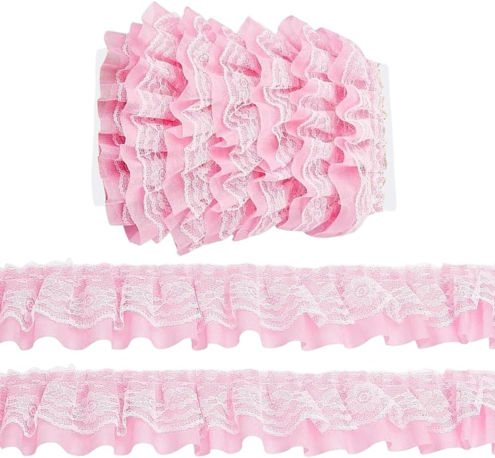GORGECRAFT 2 Inch Double Layer Chiffon Lace Edge Trim 5.5 Yards Pink Pleated Gathered Organza Tulle Fabric Ruffles Lace Edging Trimmings Ribbon for Sewing DIY Crafts Costumes Wedding