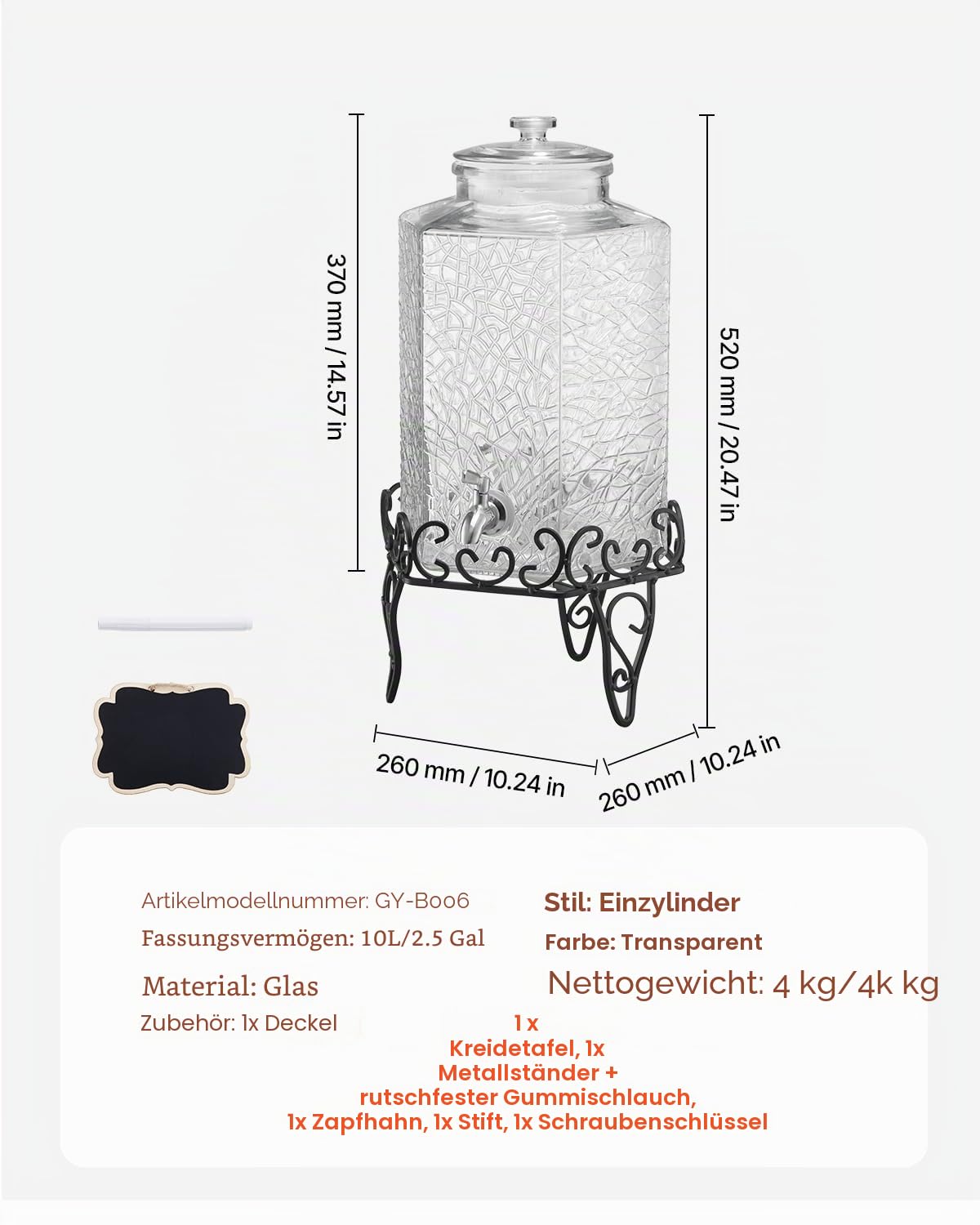 VEVOR Getränkespender (1 x 10 L) für Partys Saftspender (aus Glas) mit tropfsicherem Zapfhahn & Metallständer Wasserspender für Restaurants Partys, Limonade Eistee selbstgemachte Getränke Spender