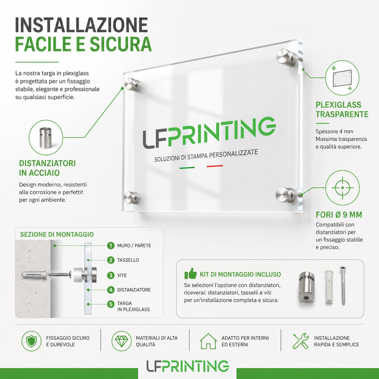 Targa plexiglass personalizzata esterno 40x30 cm | stampa professionale, superficie lucida, fissaggio pratico per porte, studi, uffici, citofoni e ingressi aziendali