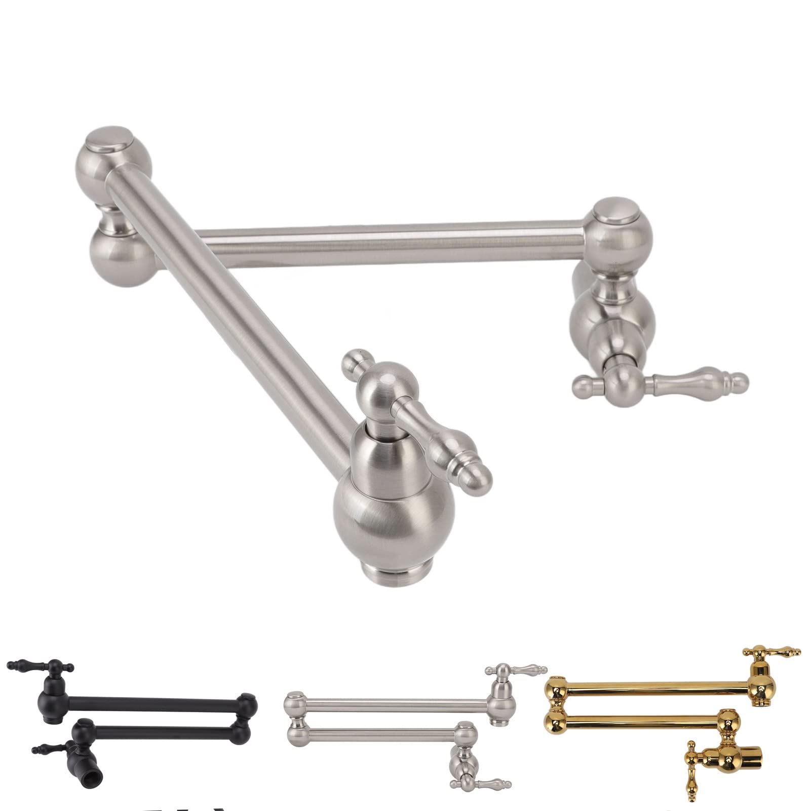 Rubinetto per riempimento pentole, rubinetto da cucina a parete in rame estensibile G1/2 Rubinetto pieghevole per riempimento pentole a due manici a foro singolo(Argento spazzolato)