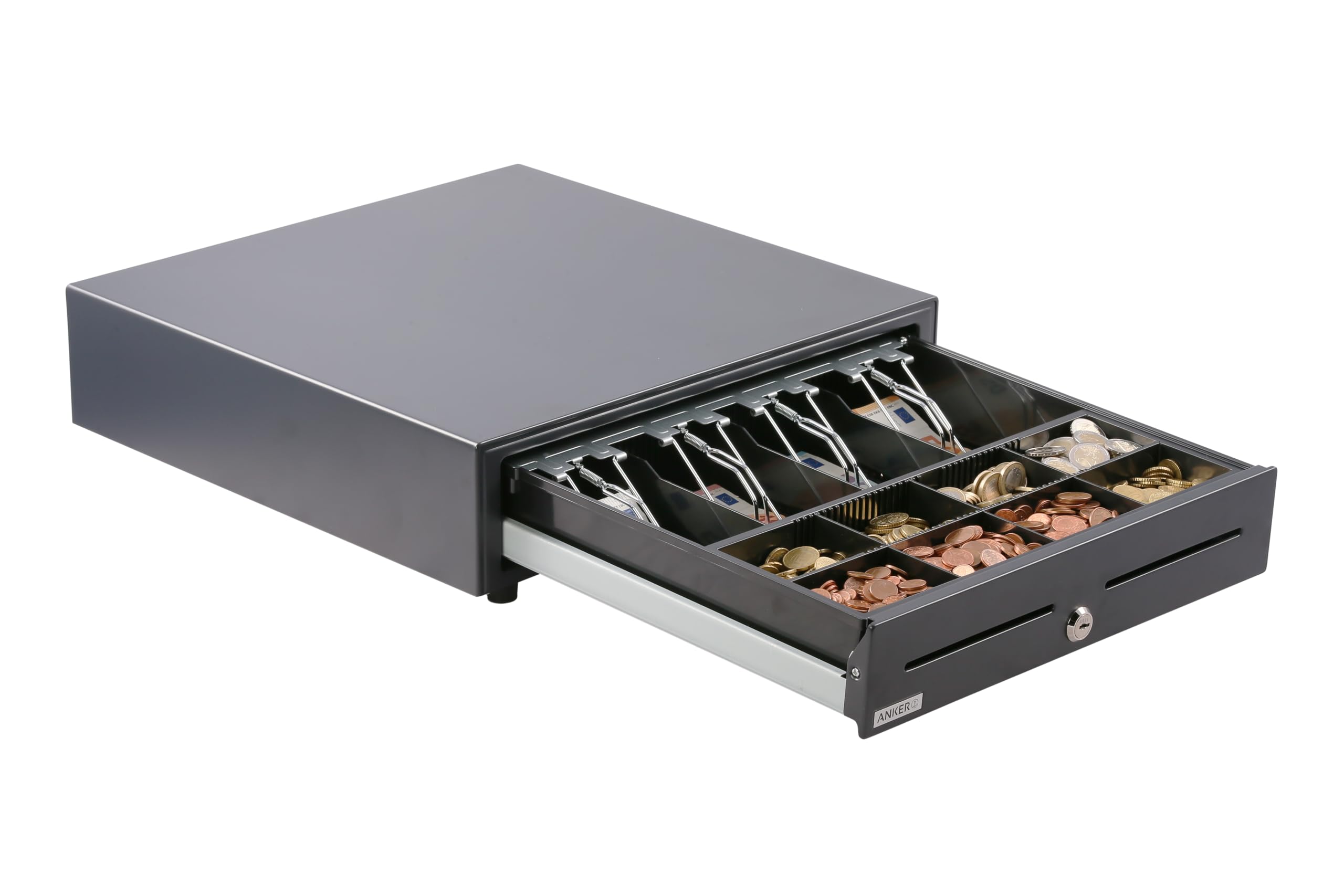 ANKER MDZ16 - Cassetto porta denaro, 8 scomparti per monete e 4 banconote, 2 fessure per inserti, RJ11/RJ12, serratura a cilindro a 3 posizioni, per sistemi POS