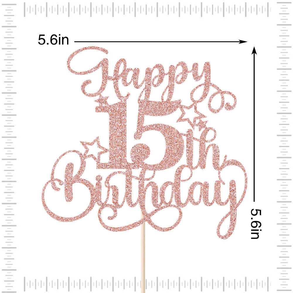 Crseniny 1 PCS Happy 15th Birthday Cake Topper?Glitter Cheers to 15 Years Birthday Cake Pick 15 Fabulous Cake Decoration?Boys Girls 15th Birthday Party Anniversary Party Supplies(15, Rose Gold)