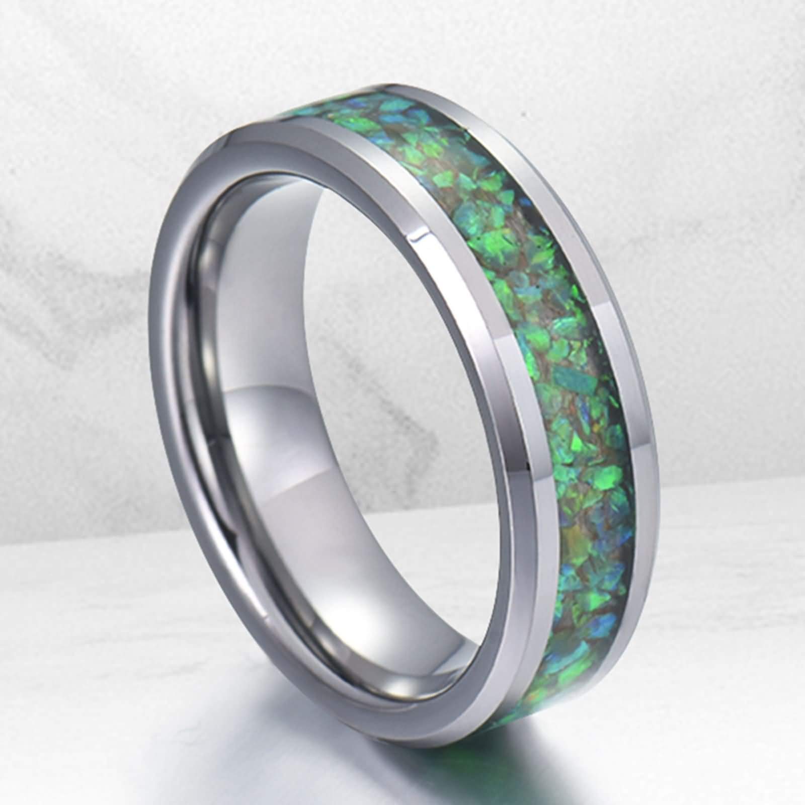 Anello Carburo di Tungsteno Anello Intarsio in Opale Comfort Fit Anello Tungsteno Personalizzabile 8MM Anello Promessa Argento Verde Misura 12-31