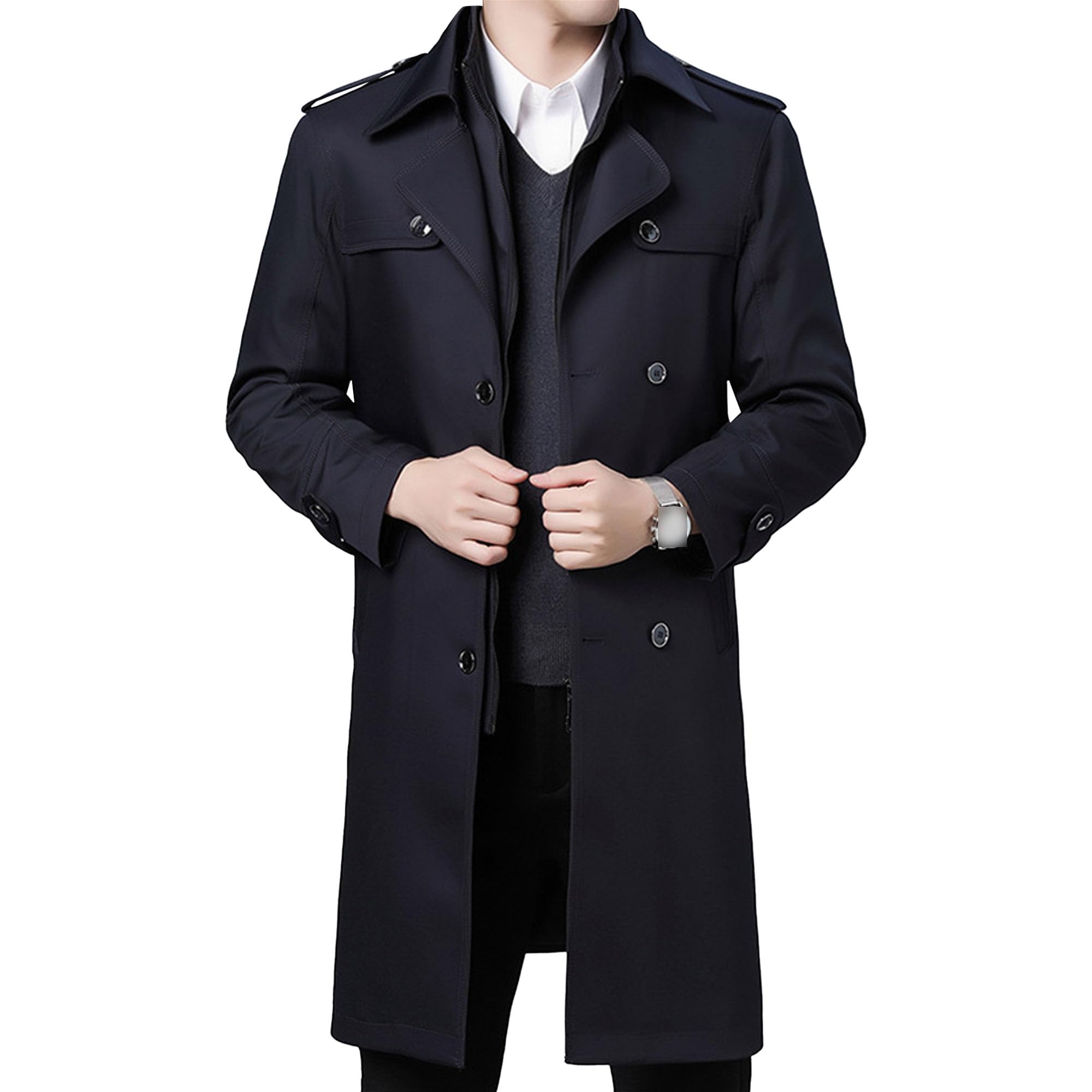 JEKE-DG Men's Notch Lapel Slim Trench Coat Double Breasted Lightweight Windbreaker Casual Long Jacket Overcoat (Medium,Black)