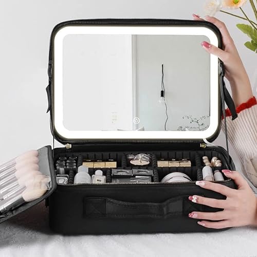Miniatura 4 de BelleRose - Bolsa de viaje de maquillaje con espejo iluminado estuche de tren de cosméticos con espejo iluminado LED extraíble recargable de 3 luces