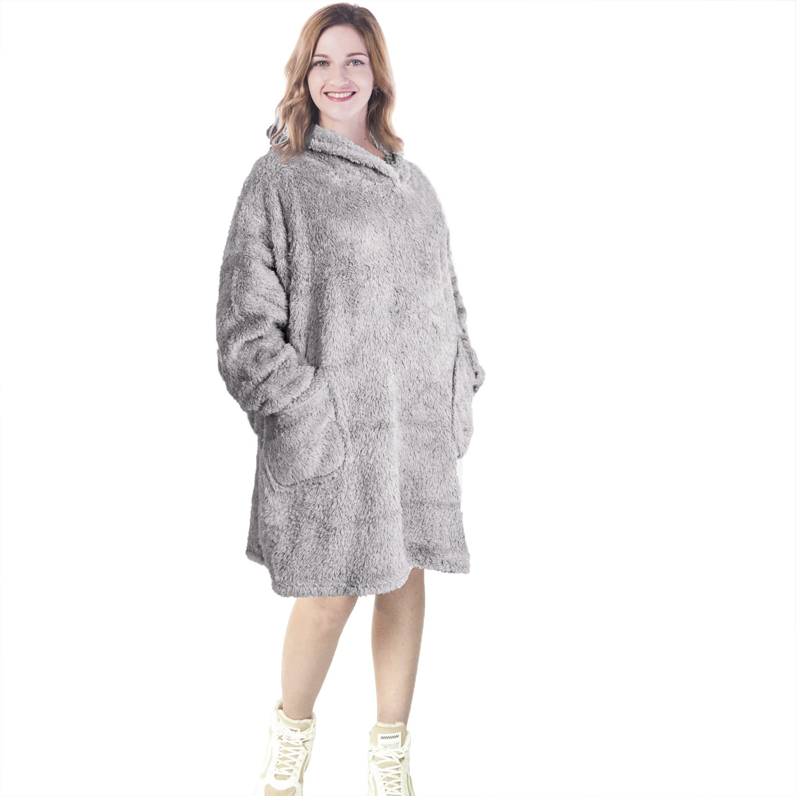 Ehc Unisex Teddy Hoodie - Grey Oversized Wearable Soft Warm Teddy Fleece Hoodie Sweatshirt Cuddly Blanket, Gift For Her, Gift For Him 80 X 90 Cm, Grey