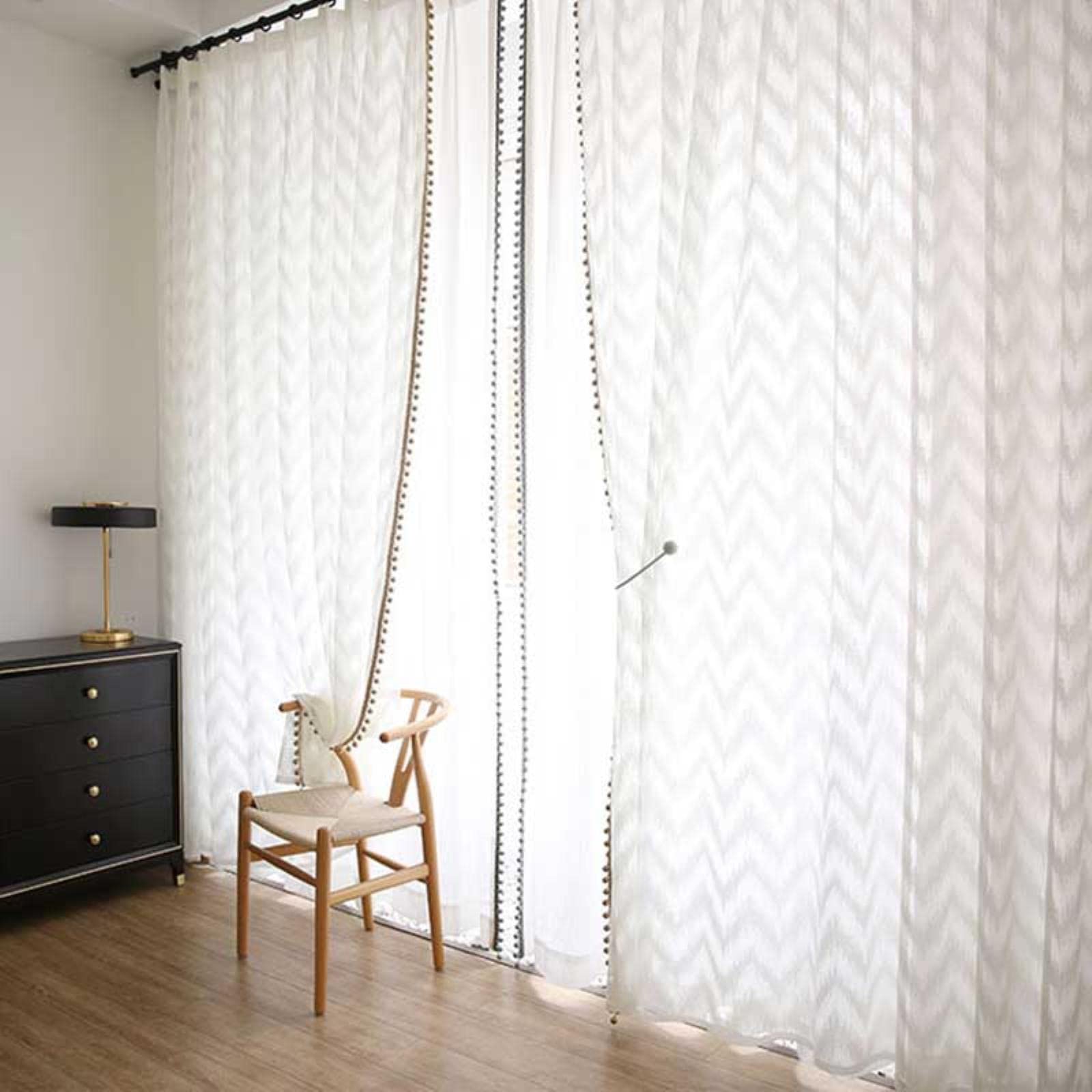 Zasłony tiulowe w paski, przezroczysty woal do salonu, sypialni, kuchni i balkonu, biała kieszeń na pręt, szer. 350 x dł. 250 cm, 2 panele