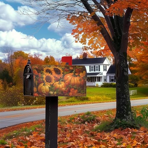 Image of Identiy Fall Pumpkins Sunflowers Mailbox Covers Magnetic Standard Size, Thanksgiving Autumn Harvest Magnetic Mailbox Covers 18 inchx21 inch for Holiday Yard Decor