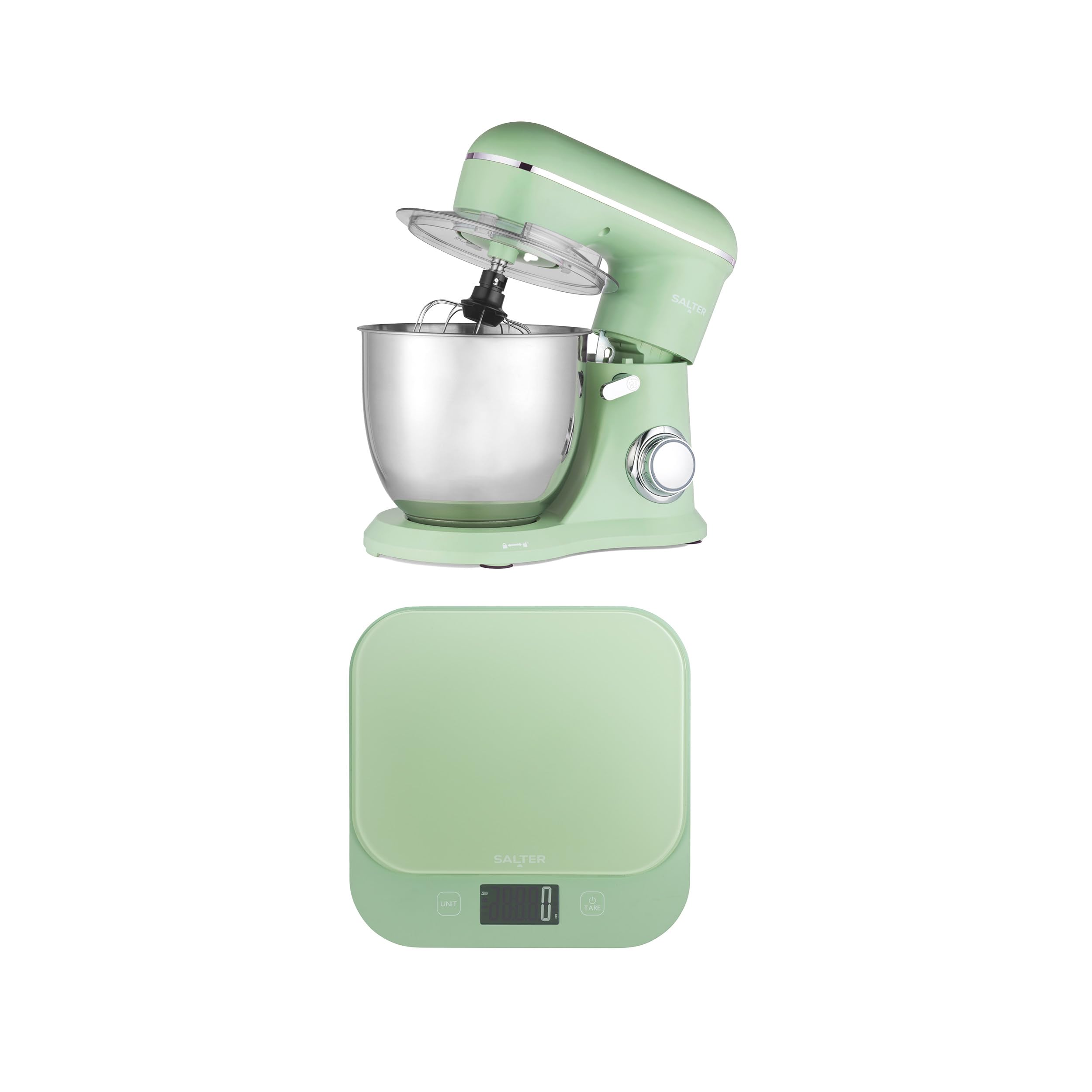 Salter British Bakes Stand Mixer & Scale Set – Electric Food Whisk with 5 Litre Bowl & 10 Speeds, High Capacity 10kg Waterproof Digital Glass Baking Scale, Tare Function, 1g Precision, Green