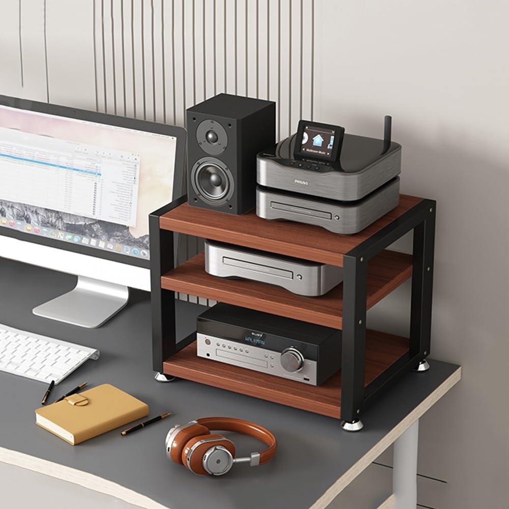 Soporte AV de teca con 3 niveles para organizar auriculares y reproductores en salones compactos