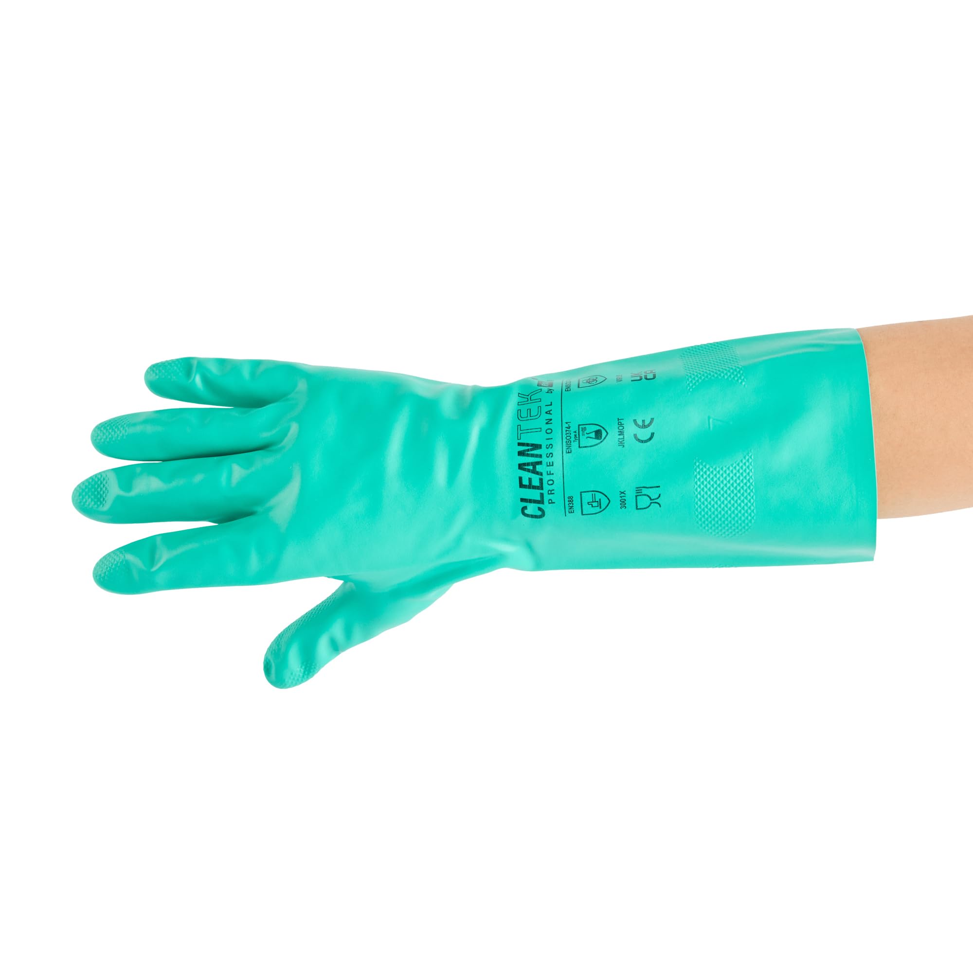 Restaurantware - Clean Tek Professional - Guantes de limpieza grandes de 15 mil, 10 pares de guantes largos, forro flocado, sin polvo, guantes de nitrilo verde tolerantes a productos químicos, sin