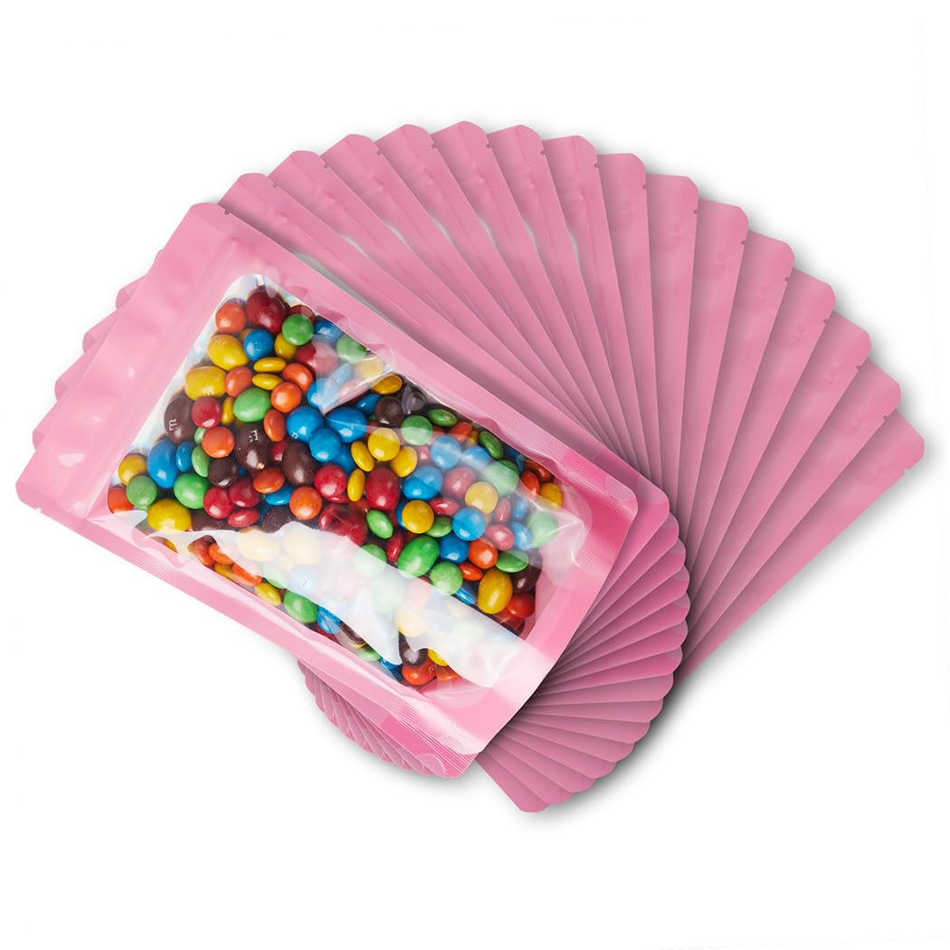 Lzlpacking Pink 100 Resealable Mylar Bags With Clear Front Window, Smell Proof, Stand Up Pouches For Food Storage (Pink/5X8 Inch/12.7 X 20.3Cm)
