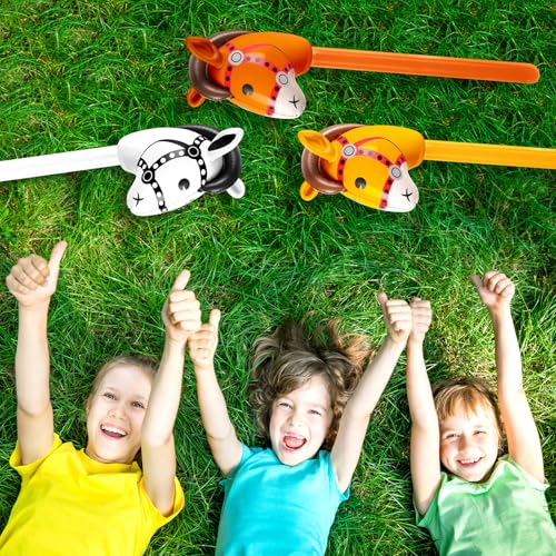 Chivao 12 Pieces Inflatable Stick Horse Cute Horse Head Stick Blow up Balloon Colorful Cowboy Cowgirl Party Decorations for Themed Birthday Party (White, Yellow, Brown, Black)
