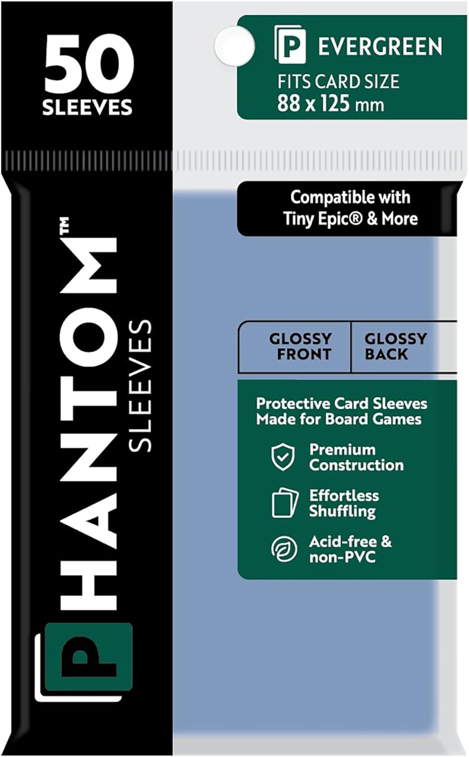 Phantom Sleeves: Evergreen Size 88 x 125mm: Glossy Front/Back - 50 Pack - Transparent Protective Card Sleeves for Board Games & Trading Cards