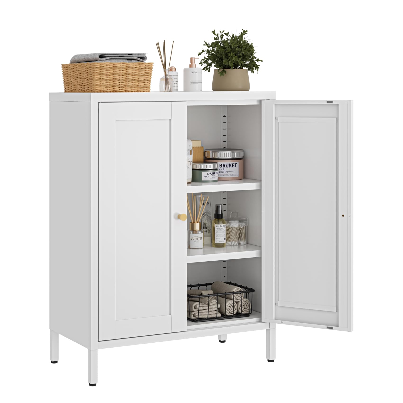 Small Metal Storage Cabinet,23.6 Inch Wide 11.8 Inch Deep,Bathroom Cabinet with Adjustable Shelves,3-Tier 31.5" Tall Shaker Cabinet for Kitchen Entryway Living Room,White