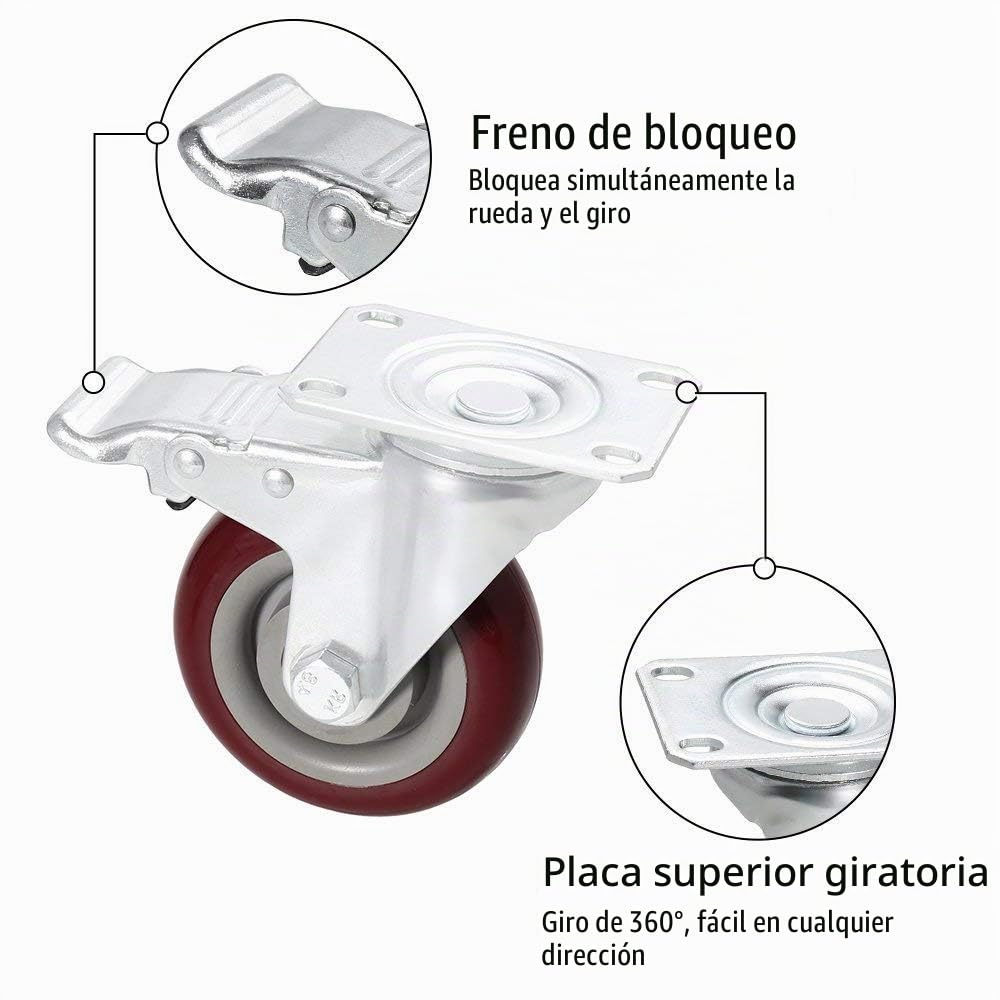 Meditool 4 Ruedas Pivotantes, 400KG | 100mm, Ruedas para Muebles,Ruedas Giratorias con Freno Con Placa de Montaje
