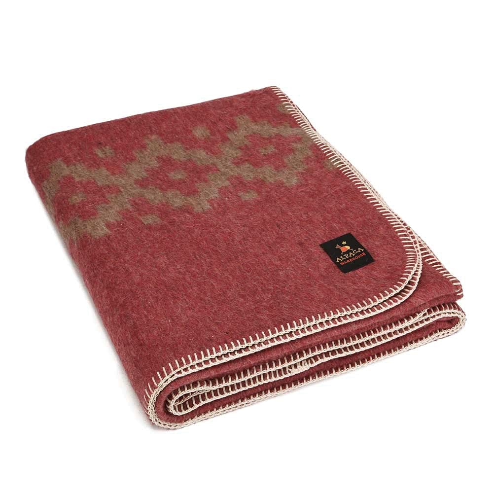 Alpaca Warehouse Thick Wool Blanket Heavyweight Wool Blanket Camping Outdoors Indoors Soft Peruvian Wool Blankets That Come in Twin Queen King Size Ethnic Design (Soft Wine - Brown Design, Twin)