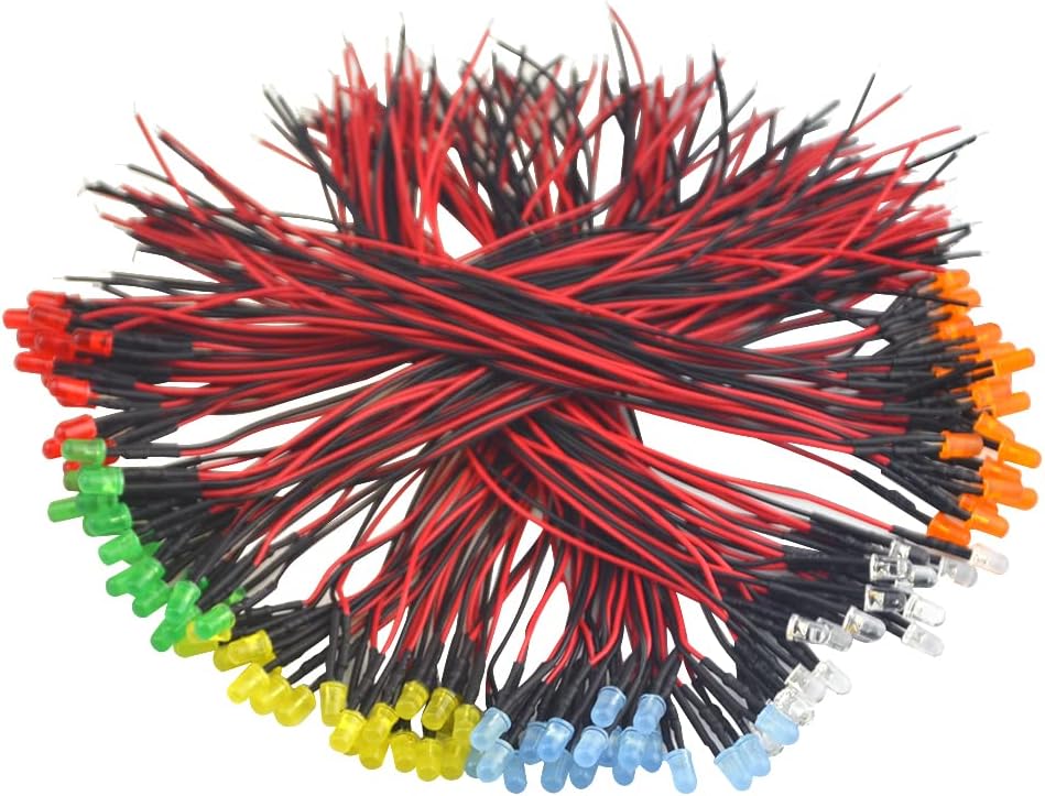 120Pcs 12V Light Emitting Diodes Pre Wired 5mm 7.1Inch DC 12 Volts Lamps White Red Green Blue Yellow Orange(6Colors x 20pcs)