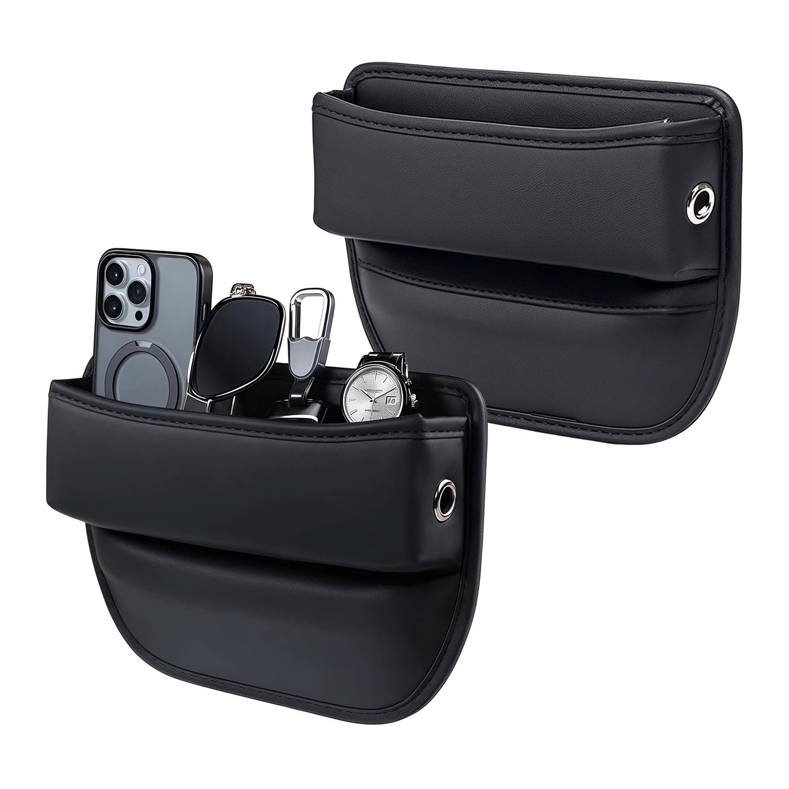 Organizador de Automóvil Consola Central, 2 Pack de Organizadores de Asiento de Coche de Cuero para Teléfono, Llaves, Gafas de Sol