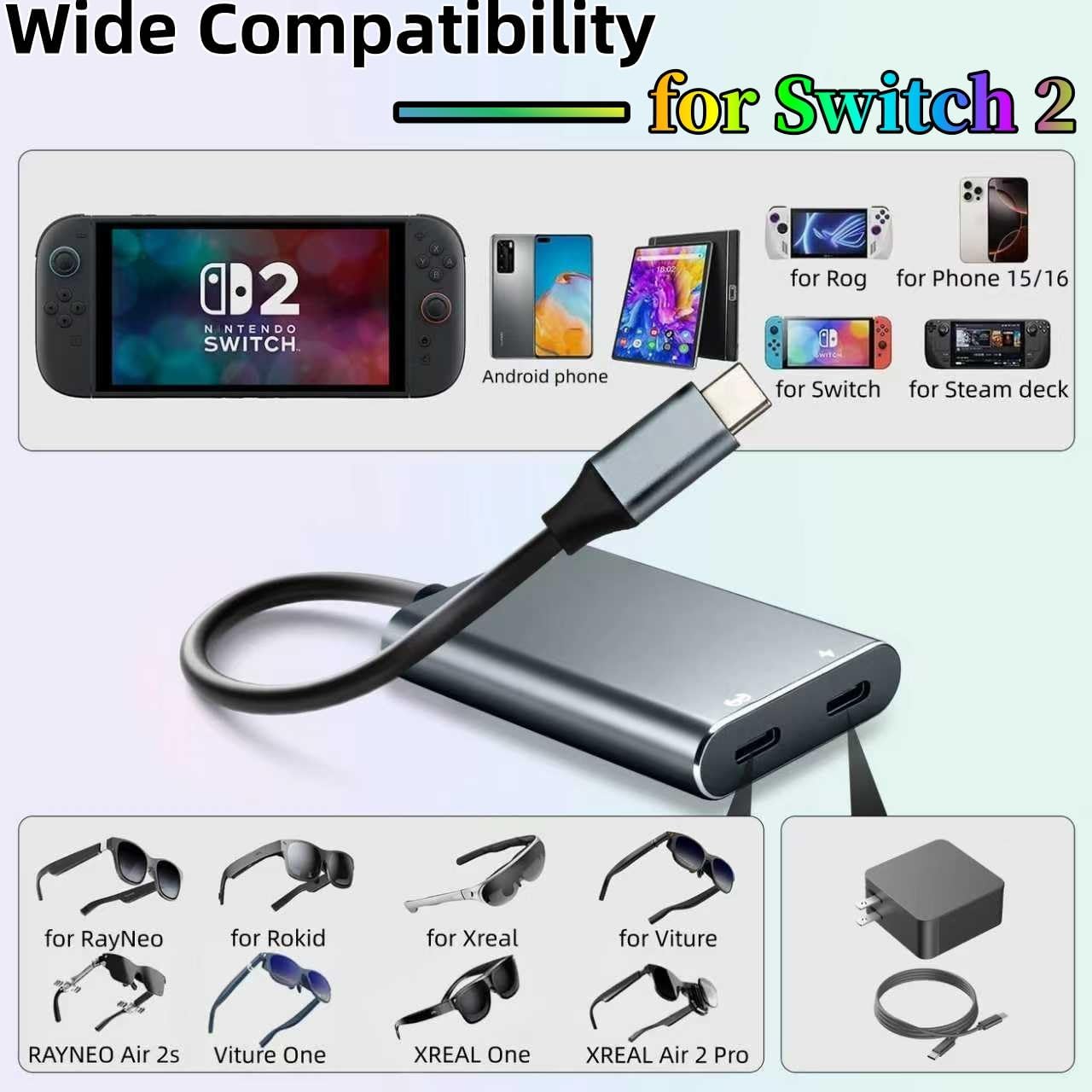 USB C to AR Glasses and Charging Adapter,Charge and Play, Compatible 65W PD Fast Charging for Phone 17/16/15,Type C Phone,Switch2,Steam Deck Connected Viture/Ro kid/Xrea l AR Glasses 4K 60Hz(Blue）