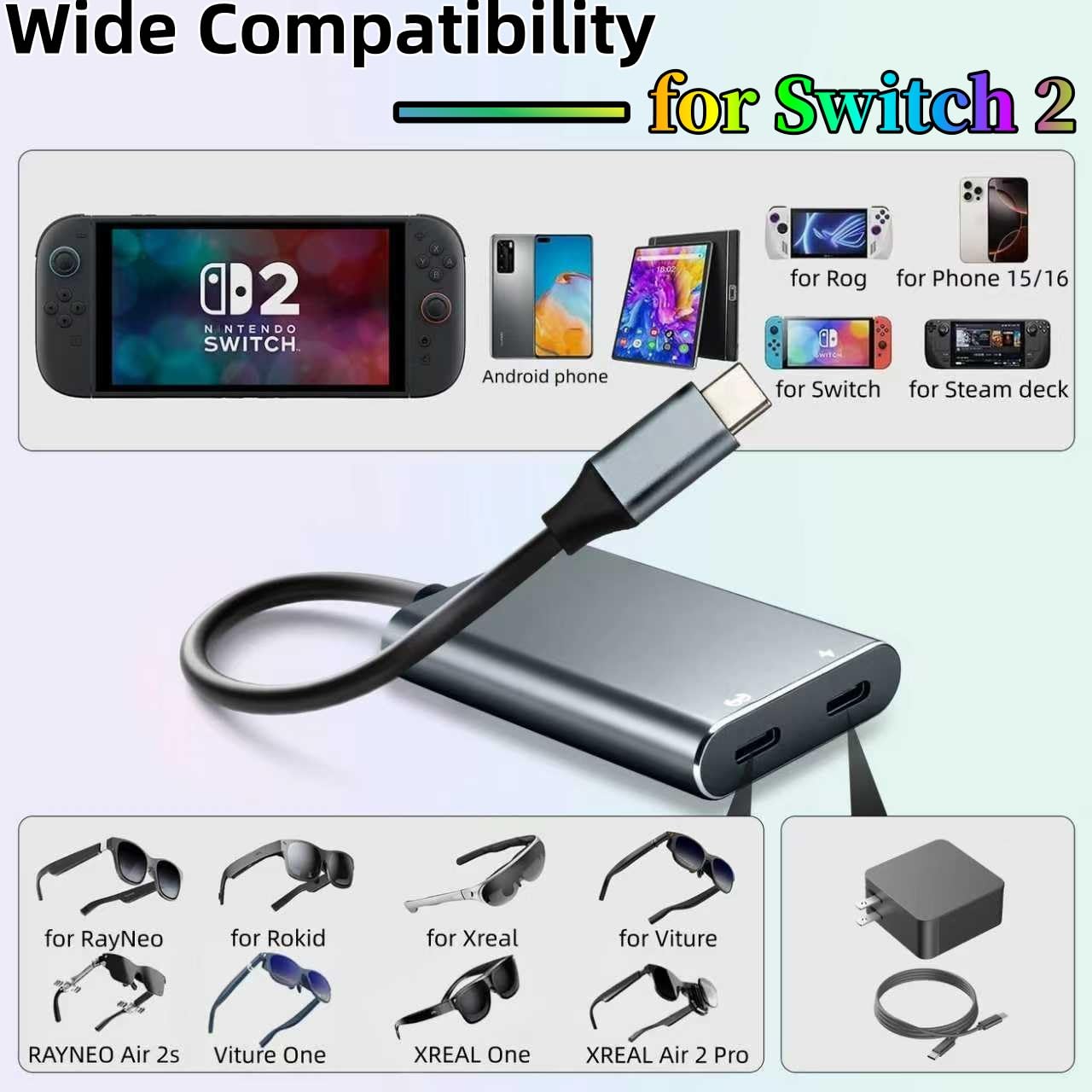 XREAL Adaptateur de charge et de lecture USB C vers lunettes AR pour XREAL One/Air 2 Pro, Rokid, Viture, compatible ROG Ally, Switch2, Phone 17 16 15, prend en charge la charge rapide de 65 W et 60 Hz