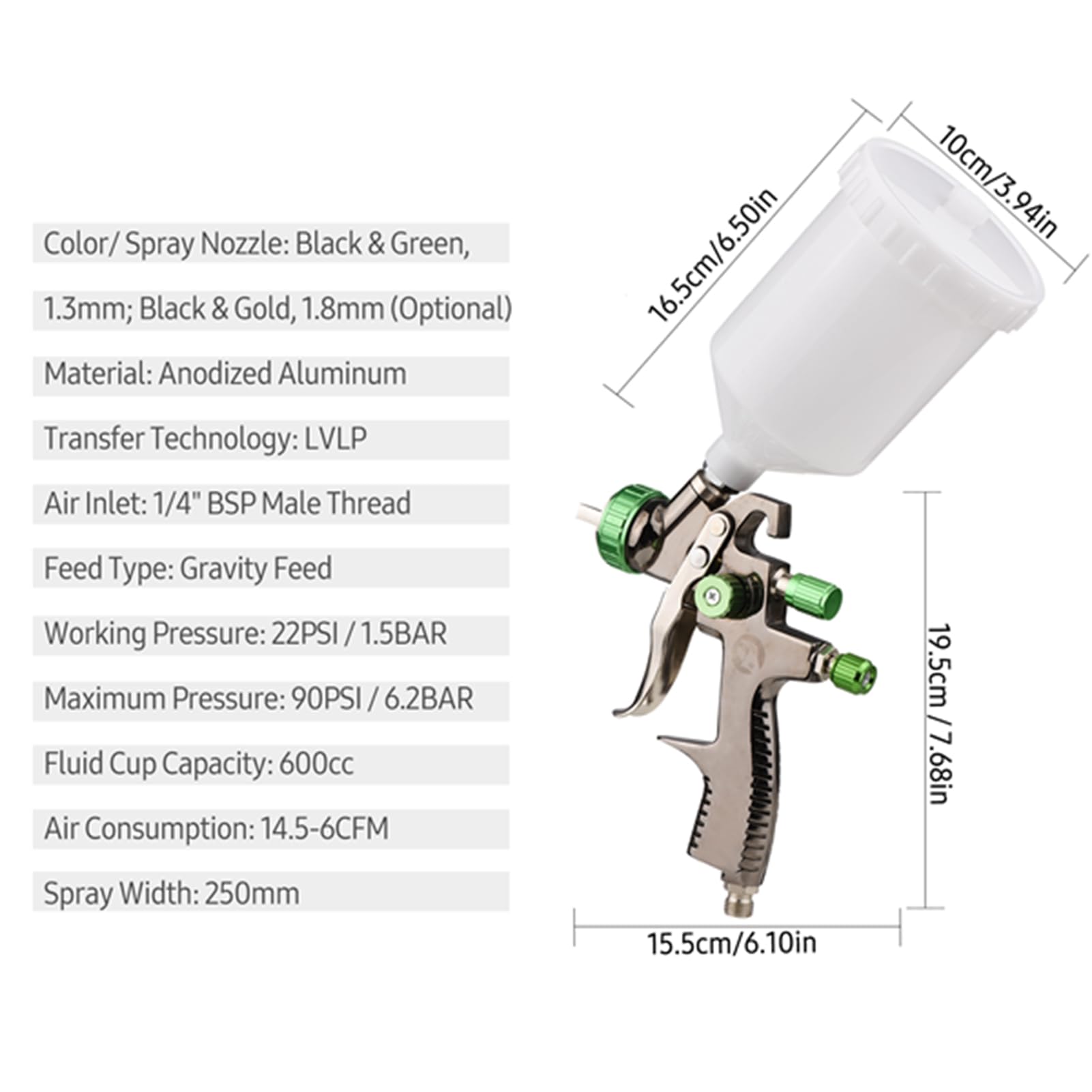 Pistola Verniciatura LVLP Professionale 600ml con Serbatoio Integrato, Spruzzatore per Pittura Auto e Carrozzeria, Kit Accessori con Filtro, Spazzola e Chiave