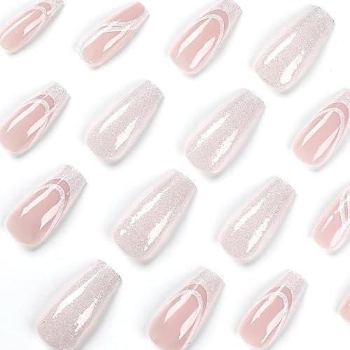 Miniatura 3 de Uñas postizas a presión con punta francesa de ataúd medianas, uñas postizas con purpurina, reutilizables, de ajuste natural, pegamento de manicura