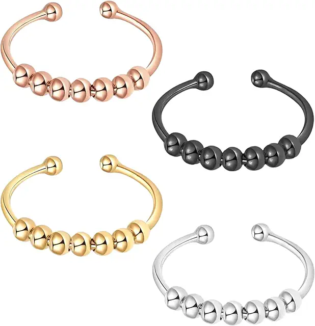 4 Bagues Anti-Stress Femme - Acier Inoxydable, Réglables, Noir, Argent, Or, Or Rose