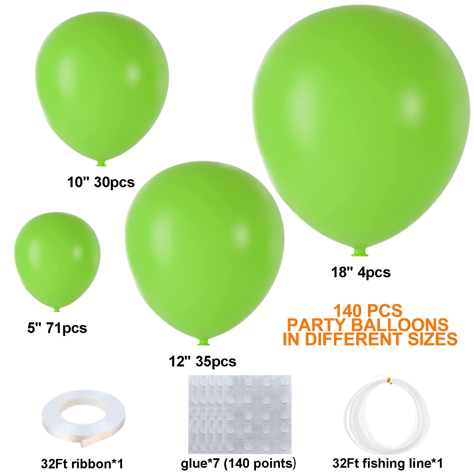 140Pcs Lime Green Balloons Light Green Balloon Garland Arch Kit 5/10/12/18 Inch Matte Latex Green Balloons Different Sizes as Baby Shower Birthday Balloons Jungle Dinosaur Theme Party Decorations
