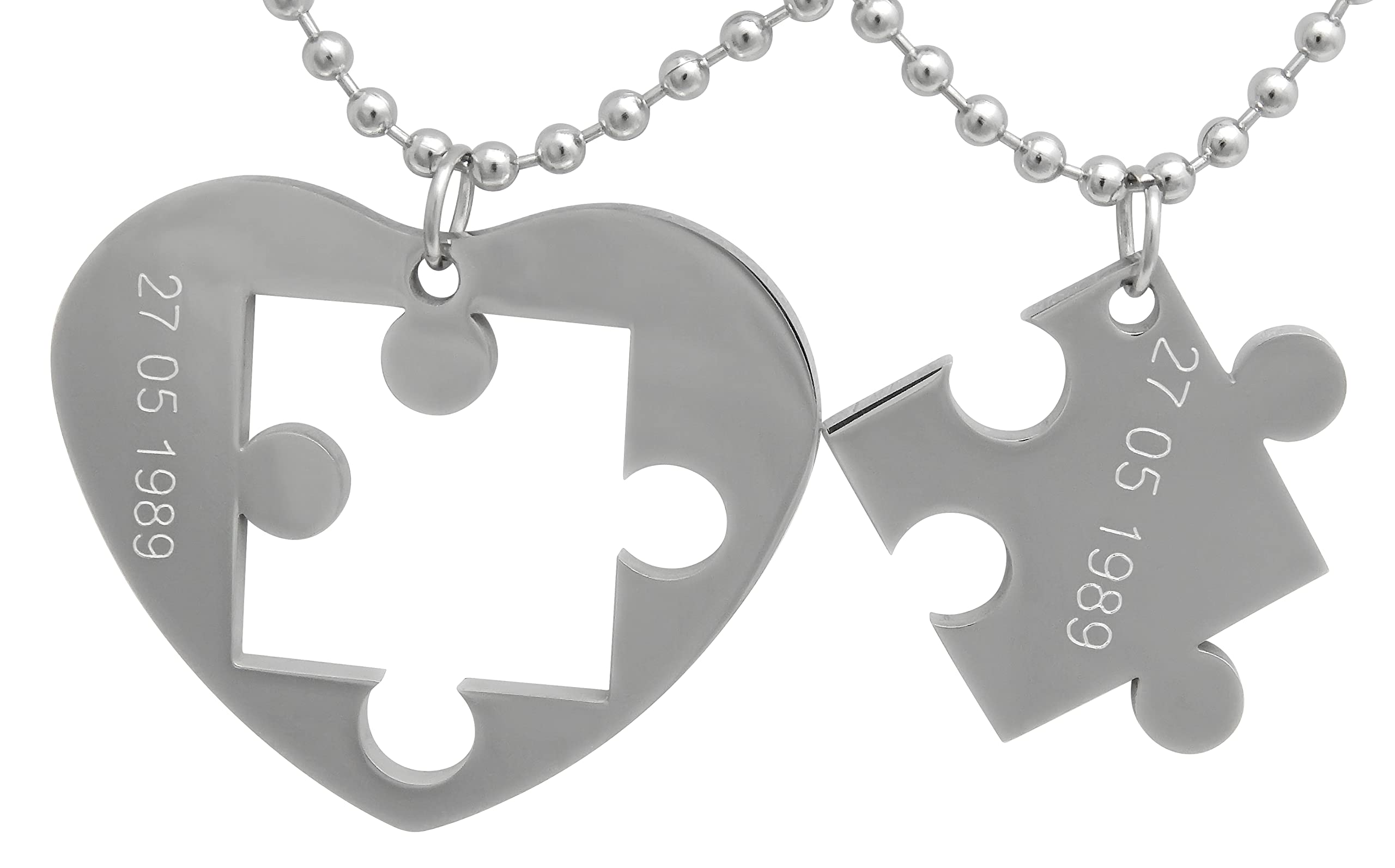 2 Stück Personalisierte Kette mit Gravur Edelstahl 60 cm mit Anhänger Herz Puzzle in silber - Personalisierte Geschenke für Damen Herren Freundin Freund - Partner Halskette für Sie und Ihn