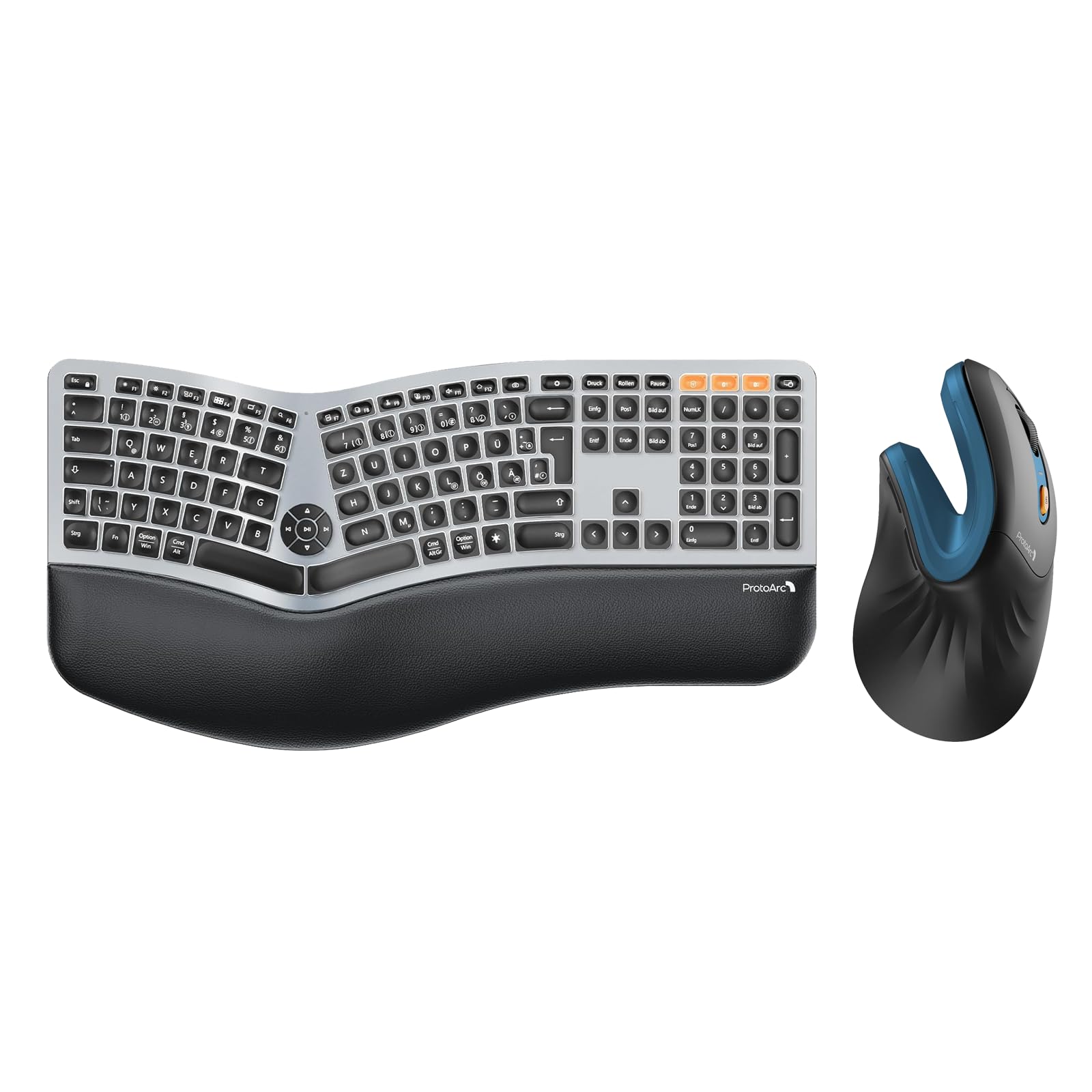 ProtoArc EK01 Plus Beleuchtet Ergonomische Tastatur Kabellos, Full Size und EM11 NL Kabellos Bluetooth5.0 Ergonomische Vertikale Maus