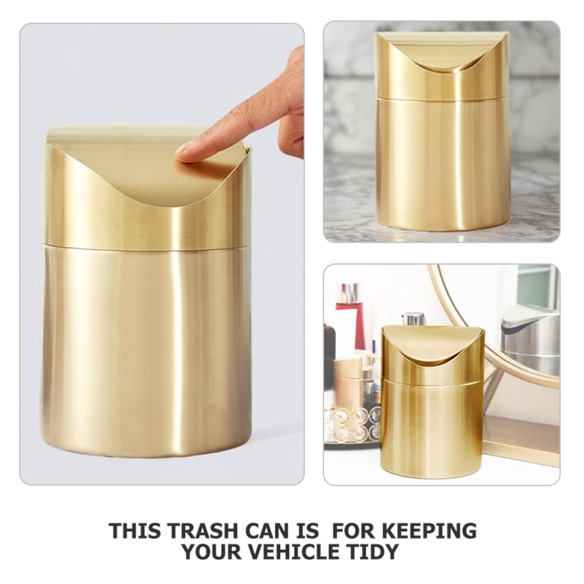 ifundom Kleiner Goldener Edelstahl Mülleimer mit Druckdeckel Platzsparender Desktop Abfallbehälter für Schreibtisch und Auto Multifunktional und Elegant