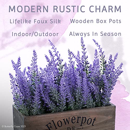 Butterfly Craze Artificial Lavender Plants In Rustic Wooden Planters - Lifelike, Stunning Faux Silk Purple Flowers Perfect For Elevating Your Patio, Home Décor, Or Office, Large Dark Brown Pot #TOP3