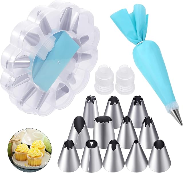 Kritkin Silicone Piping Icing Bags and Nozzle Set Including 12 Pcs Stainless Steel Nozzle, Reusable Piping Bags and 2 Pcs Couplers for DIY Cake Decoration Tools